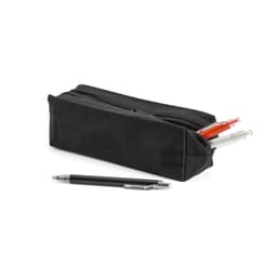 A black multi-purpose case with a zip closure, containing various pens and a single black pen beside it.