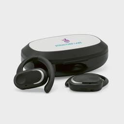 Wireless earbuds in black with an accompanying charging case featuring a logo. The design includes an open ear style.