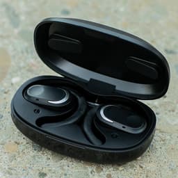 Black wireless earbuds in a sleek charging case, featuring an open ear design for comfort.