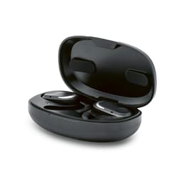 Wireless earbuds in a black charging case, featuring an open ear design. The case has a sleek, rounded shape.