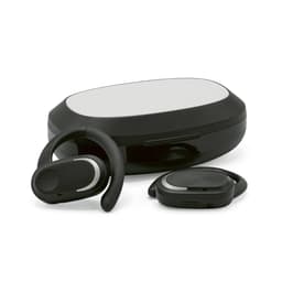 Aerotunes earbuds in black with a charging case, featuring an open ear design and sleek contours.
