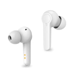 White wireless earbuds with a minimalist design, featuring a charging port and an indicator light.