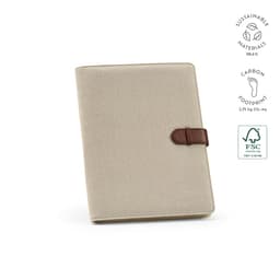 A tan A4 folder with a brown rPU closure and 64 FSC® sheet notepad, featuring a logo.