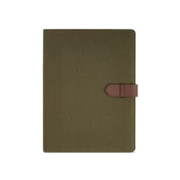 An olive green A4 folder with a brown rPU closure, featuring a textured surface and a logo.