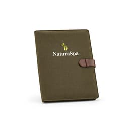 An olive green A4 folder with a brown rPU closure and a notepad inside. It features a logo on the front.