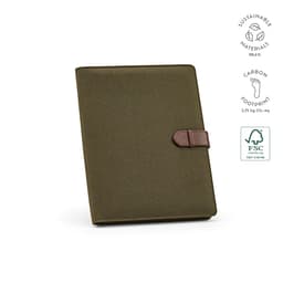 An olive green A4 folder made from rCotton, featuring a rPU closure and a logo.