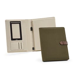An olive green A4 folder with a rPU closure, featuring a 64 FSC® sheet notepad and an interior pocket.
