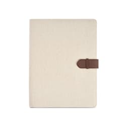An A4 folder in cream with a brown rPU closure, featuring a 64 FSC® sheet notepad inside.