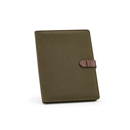 An olive green A4 folder with a brown rPU closure and containing 64 FSC® sheet notepad.
