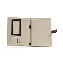 A natural-coloured A4 folder made from rCotton, featuring a notepad, card slots, and a rPU closure.