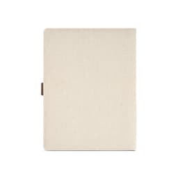 An A4 folder in cream colour with an rPU closure and a textured finish. Features a logo on the front.