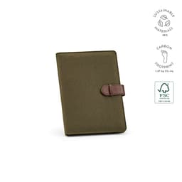 An olive green A5 folder made from rCotton, featuring a brown rPU closure and containing a 64-sheet FSC® notepad.