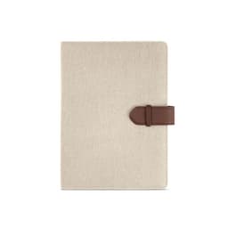 An A5 folder in beige fabric with a brown rPU closure, featuring a 64 FSC® sheet notepad inside.