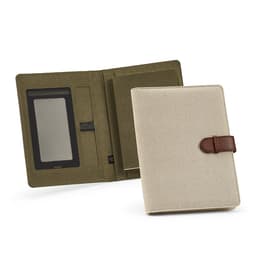 An A5 folder in beige and green, featuring a rPU closure and 64 FSC® sheet notepad, with an internal pocket and branding.