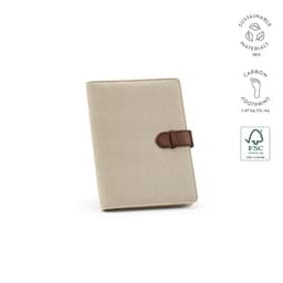 A beige A5 folder made from rCotton with a brown rPU closure, featuring an internal notepad and a logo.