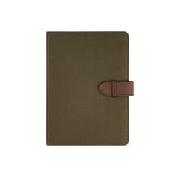 A brown and olive green A5 folder with a rPU closure and a 64 FSC® sheet notepad inside. Contains a logo.