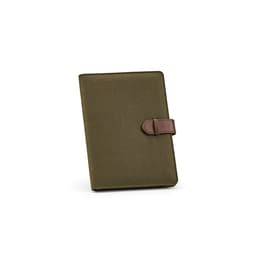An olive green A5 folder with a brown rPU closure and a textured finish, featuring a logo.