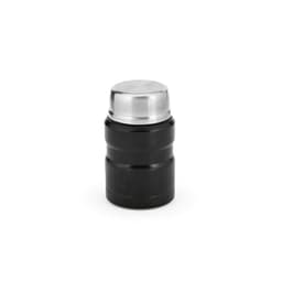 A food flask in matte black with a stainless steel lid, featuring a double wall and a foldable spoon.