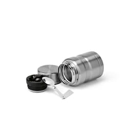A food flask in stainless steel with a black lid, featuring a foldable spoon and an additional lid.