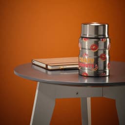 A drink bottle in silver with a fun donut print, placed on a table beside a closed laptop.