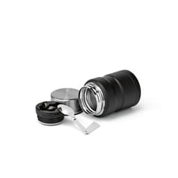 A food flask in matte black with a stainless steel lid and a foldable spoon included. The flask has a logo.