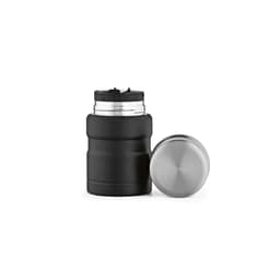 A food flask in matte black with a stainless steel lid, featuring a double wall and a foldable spoon.