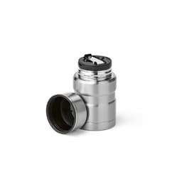 A stainless steel food flask with a black lid and a foldable spoon, designed for portable use.
