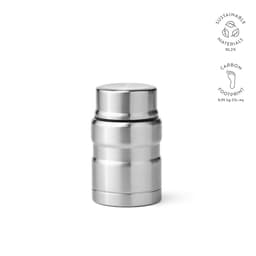 A stainless steel food flask with a double wall design and a foldable spoon. It features a logo.