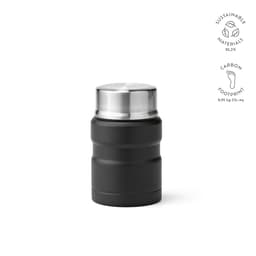 A drink bottle in matte black with a stainless steel lid, featuring sustainable materials and a logo.