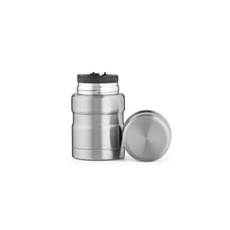 A stainless steel food flask with a removable lid, featuring a double wall and foldable spoon.