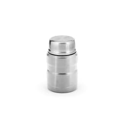 A stainless steel food flask with a double wall design and a foldable spoon included. It has a sleek, modern look.
