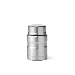 A food flask in stainless steel with a sleek design, featuring a double wall and a foldable spoon.