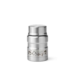 A stainless steel food flask with a double wall and a foldable spoon, featuring coffee-themed illustrations.