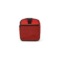 A red gym bag with black accents, featuring a mesh pocket and reflective strips. It has a logo on the front.
