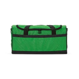 A green gym bag with black accents, featuring reflective strips and a zippered top. It has a logo on the front.
