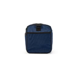A navy blue gym bag with black accents and mesh detailing. It features reflective strips and a logo.