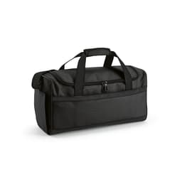A black gym bag with a structured design, featuring handles and a reflective strip. It has a logo on the side.