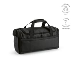 A black gym bag with reflective strips made from sustainable materials, featuring sturdy handles and a zippered compartment.