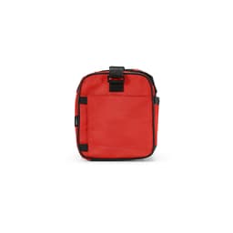 A red gym bag with reflective strips, featuring a zip closure and a sturdy handle. It has a logo on the side.