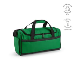 A green gym bag with black accents, featuring adjustable handles and a zippered compartment, and a logo.