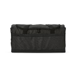A black gym bag with a zippered top and reflective strips, featuring side handles and a fabric texture.
