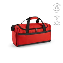 A red gym bag with black accents, featuring handles and a zip closure. It has a logo and sustainable materials label.