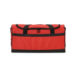 A red gym bag with reflective strips and black accents, featuring a zippered opening and handles.