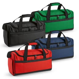 A set of four gym bags in black, green, red, and navy blue, featuring handles and zip closures. Each bag has a logo.