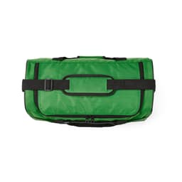 A green gym bag with reflective strips and black detailing. It features a sturdy strap and a branding logo.