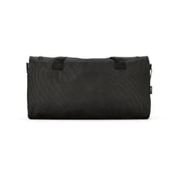 A black gym bag with reflective strips and dual handles. It features a durable ripstop fabric design.