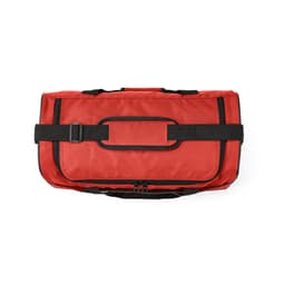 A red gym bag with black straps and reflective strips, featuring a large zippered compartment and a branding logo.