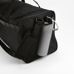 A black gym bag with reflective strips, featuring a drink bottle holder on the side.