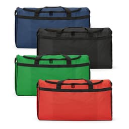 A gym bag collection featuring blue, black, green, and red options, with handles and a logo.