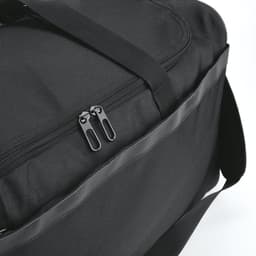 A black gym bag with reflective strips and dual zippers, made from ripstop material. It has a logo.